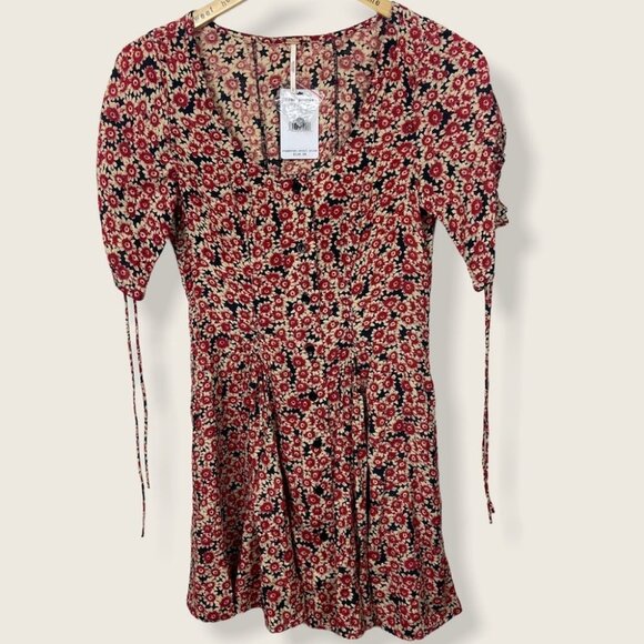 NWT Free People Lace Up Mini Dress Black Red Floral Size Small‎ Revolve Bohemian - Picture 5 of 13